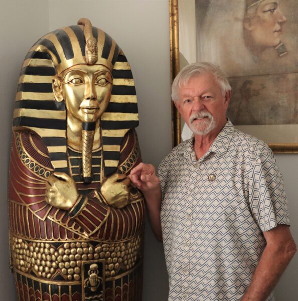 Home Care client Russell with his collection of Egyptian Artifacts