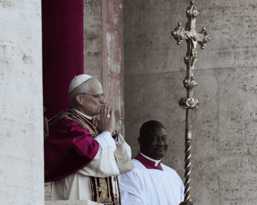Pope Leo XIV appears on the balcony of St Peter’s Basilica after his election, at the Vatican, Thursday, May 8, 2025. (AP Photo/Gregorio Borgia)