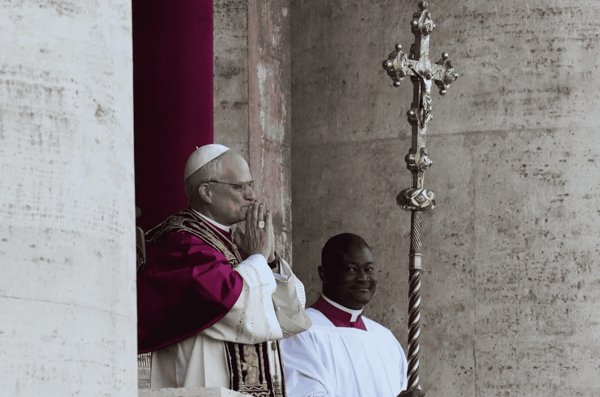 Pope Leo XIV appears on the balcony of St Peter’s Basilica after his election, at the Vatican, Thursday, May 8, 2025. (AP Photo/Gregorio Borgia)